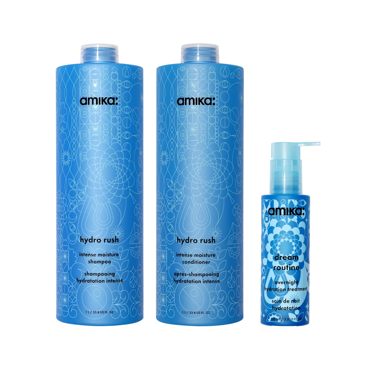 super-sized hydration set hydro rush intense moisture shampoo + conditioner + dream routine overnight treatment