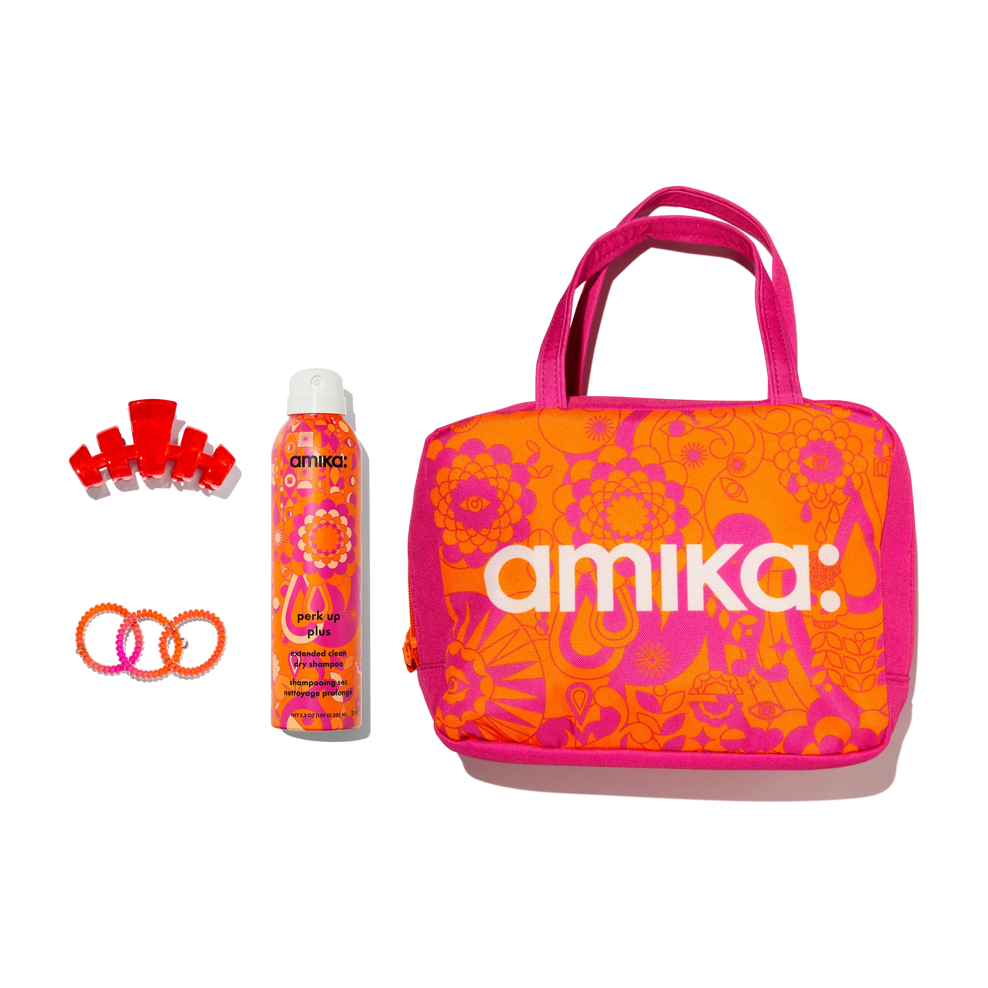 amika x TELETIES necessities set 3 pc hair ties, clip, essentials bag + perk up plus