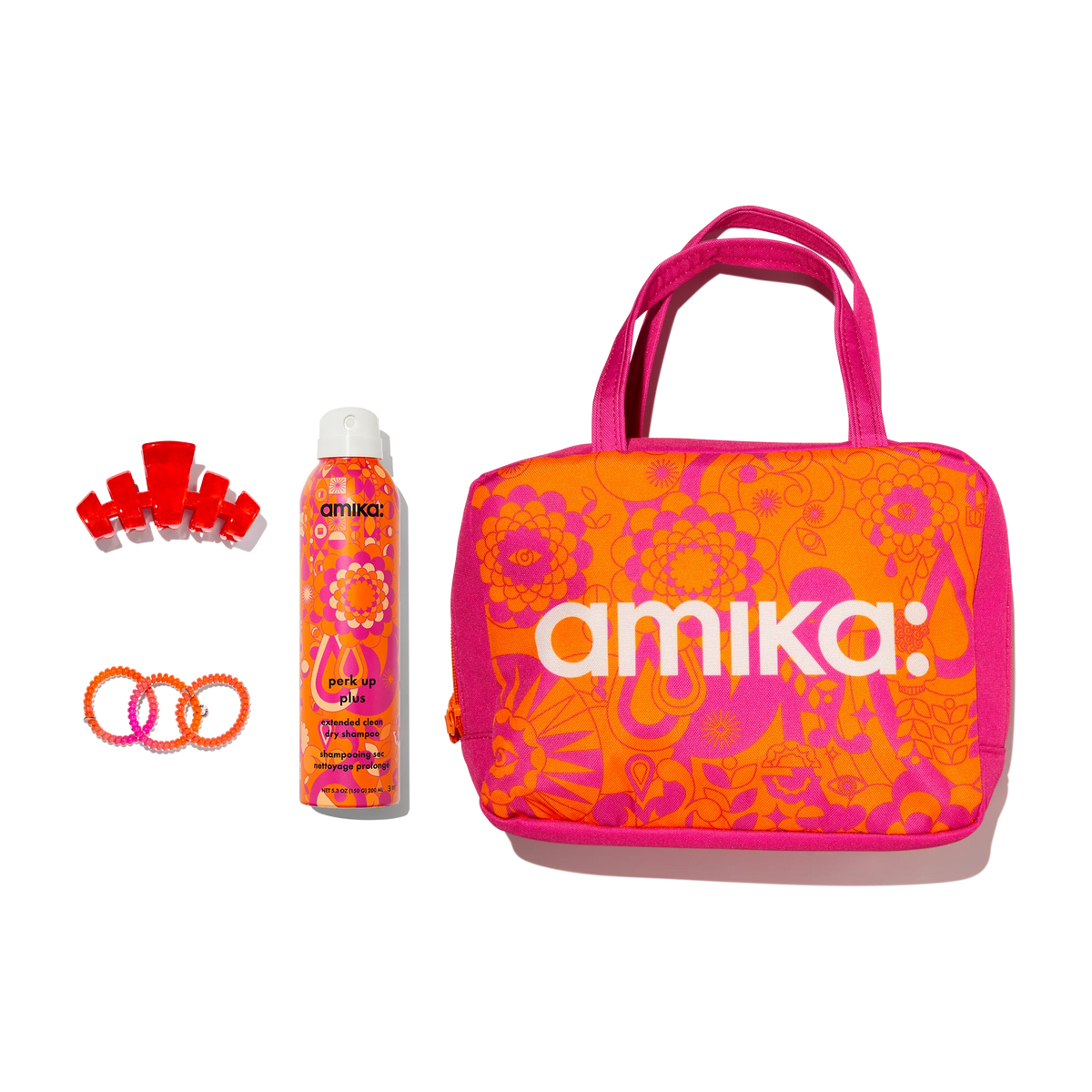 amika x TELETIES necessities set 3 pc hair ties, clip, essentials bag + perk up plus