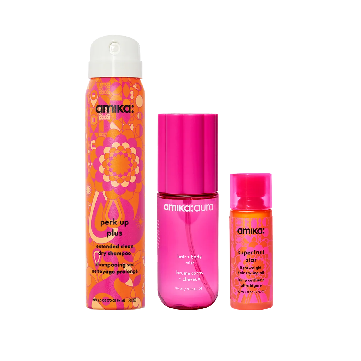 refresh, prep + mist set amika:aura hair + body mist, perk up plus dry shampoo, superfruit star styling oil