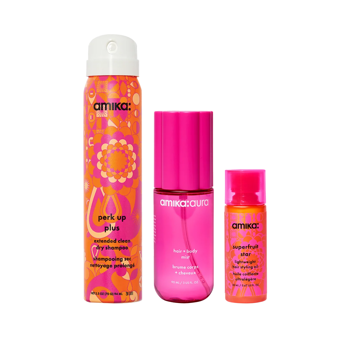 refresh, prep + mist set amika:aura hair + body mist, perk up plus dry shampoo, superfruit star styling oil