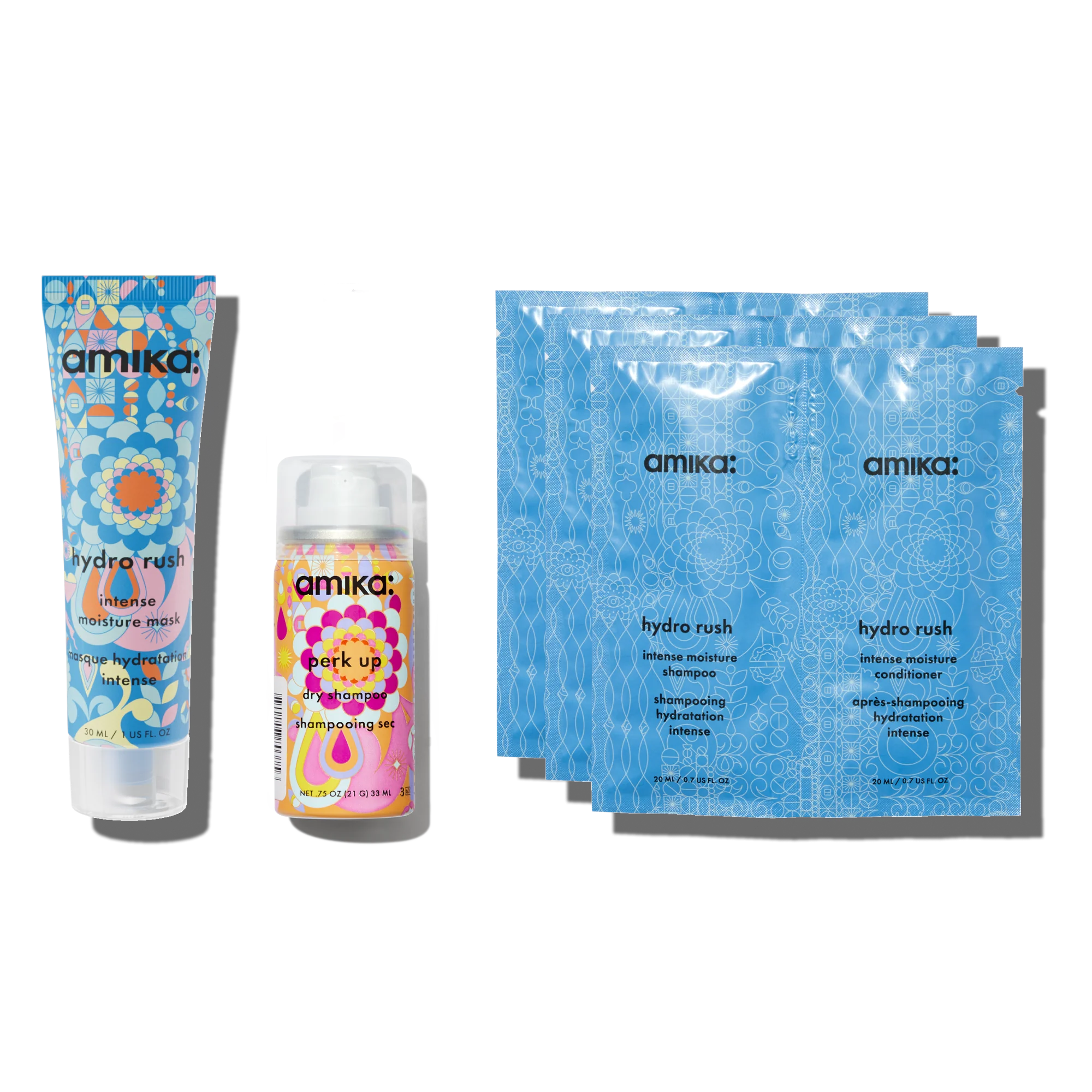 hydration trial kit hydro rush intense moisture shampoo, conditioner, mask + perk up dry shampoo