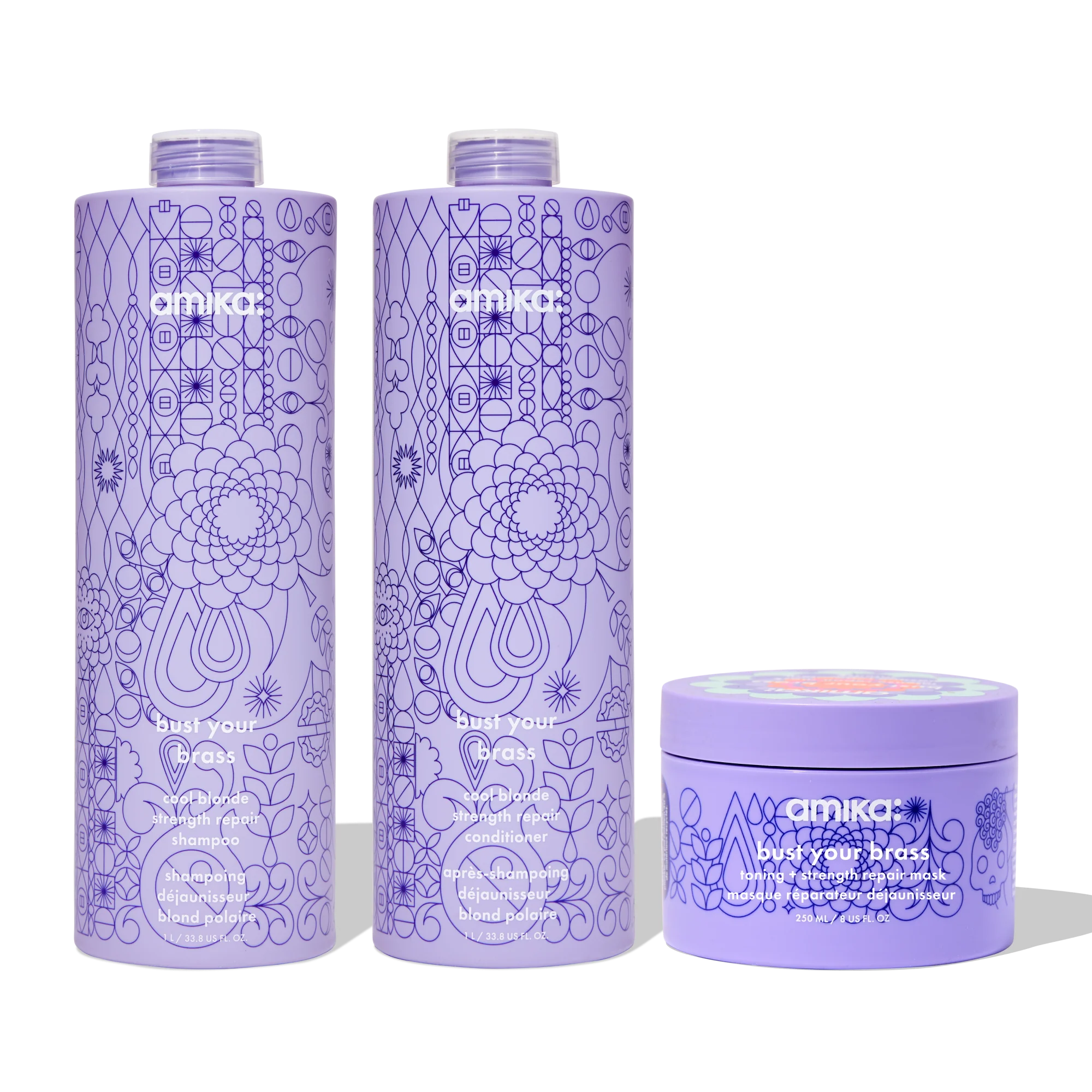 super-sized blonde set bust your brass cool blonde shampoo + conditioner + intense repair hair mask